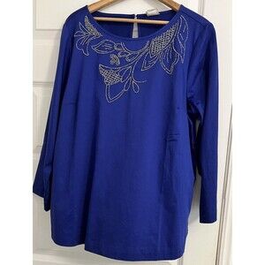 Chico Size 2 (M8/10) Women's Bead Embellished 3/4 Length Sleeve Blue Top NWT